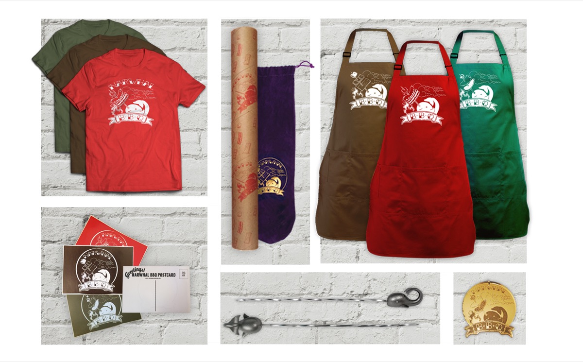 The Narwhal BBQ Skewers and their branded Kickstarter backer rewards — tees, aprons, skewers, and pins