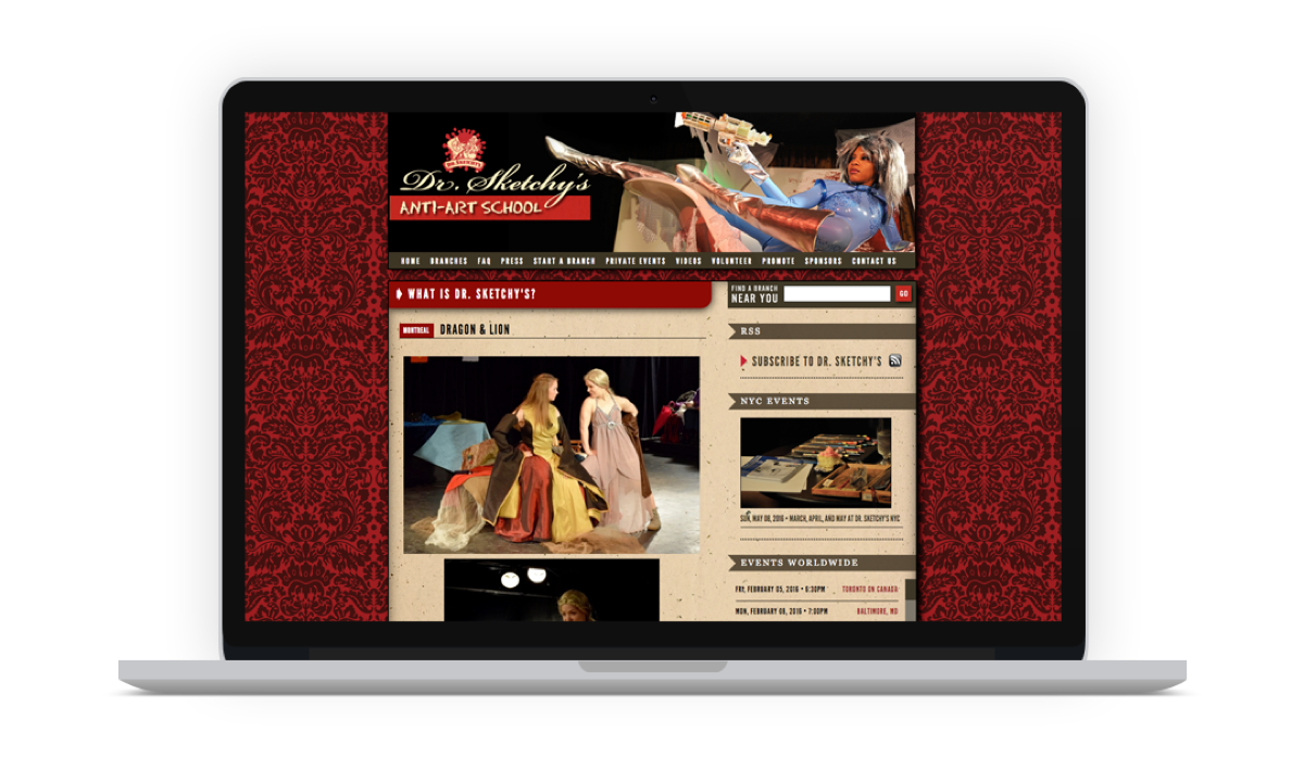 The Dr. Sketchy's hub site, a CMS connecting 100+ branches worldwide